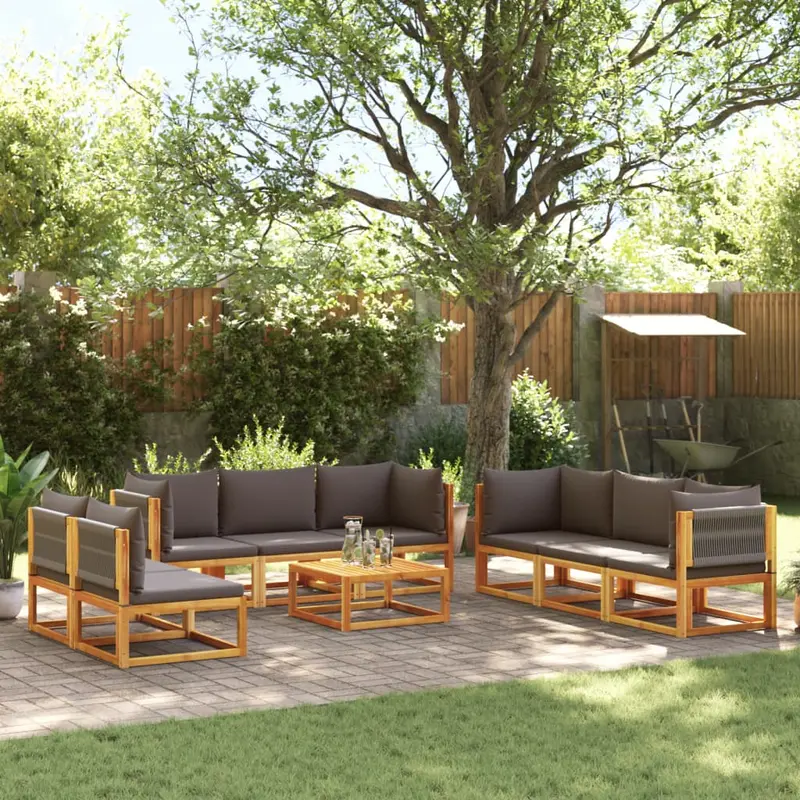 Conjunto de sofá de jardín de 9 piezas con cojines de madera de acacia y cuerda