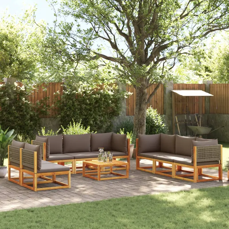 Conjunto de sofá de jardín de 9 piezas con cojines de madera de acacia y ratán