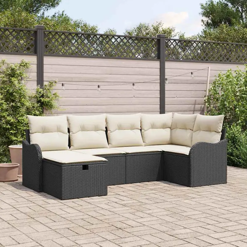 Conjunto de sofá de jardín Manual 6 pcs Negro y crema Poliratán