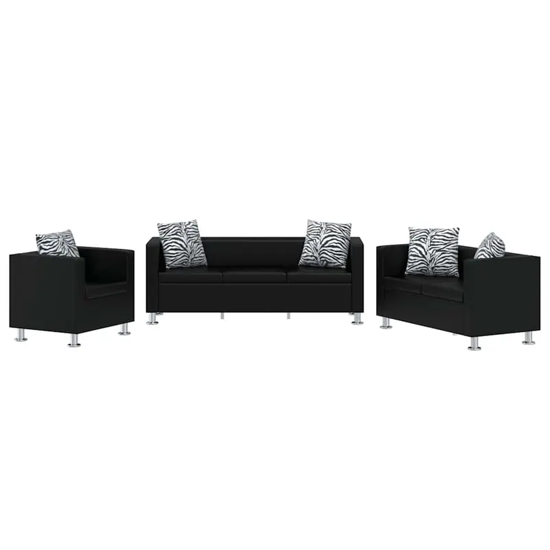 Conjunto de sofás de 2 y 3 plazas y sillón de cuero artificial negro