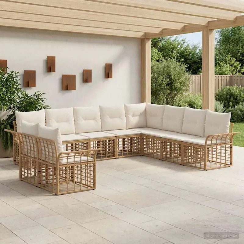 Conjunto de sofás de exterior 10 pcs Natural y Crema Poliéster
