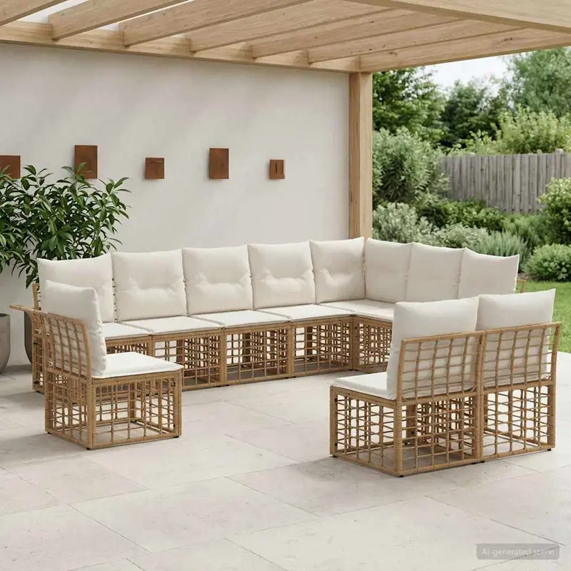 Conjunto de sofás de exterior 10 pcs Natural y Crema Poliéster