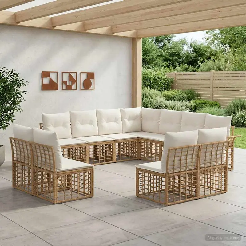 Conjunto de sofás de exterior 11 pcs Natural y Crema Poliéster