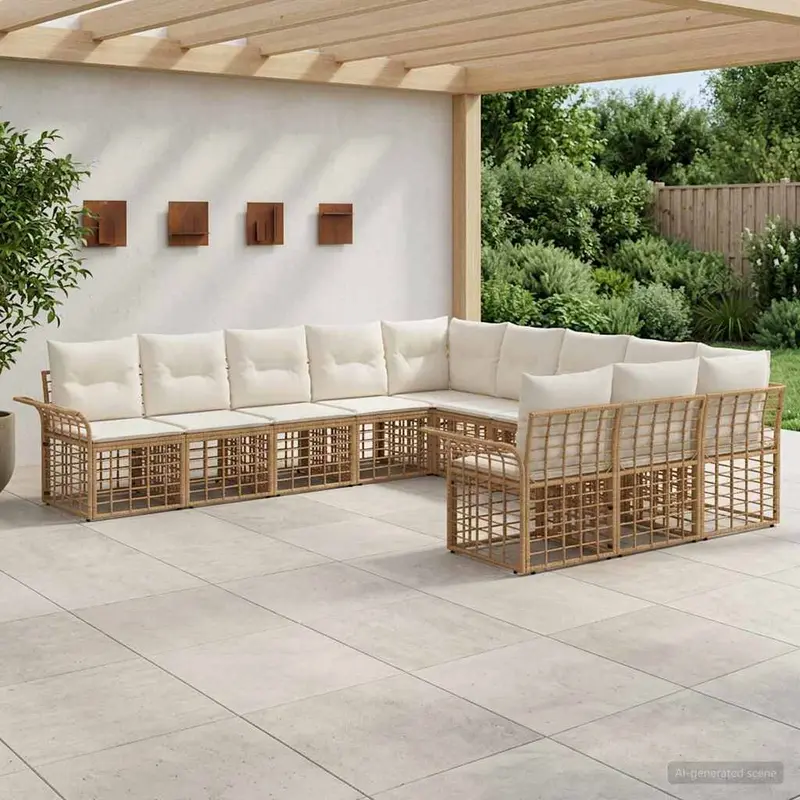 Conjunto de sofás de exterior 11 pcs Natural y Crema Poliéster