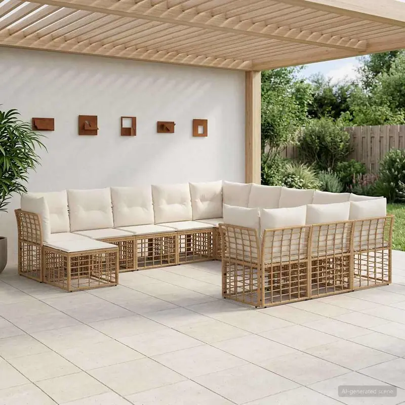 Conjunto de sofás de exterior 12 pcs Natural y Crema Poliéster