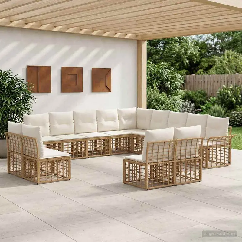 Conjunto de sofás de exterior 13 pcs Natural y Crema Poliéster