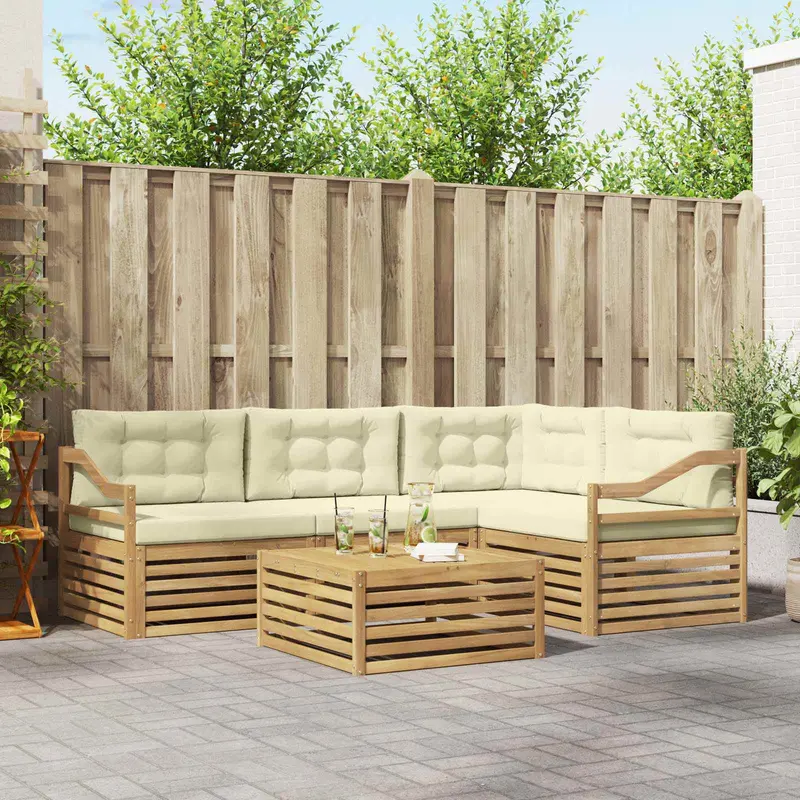 Conjunto de sofás de exterior 5 pcs Blanco y Crema Poliéster