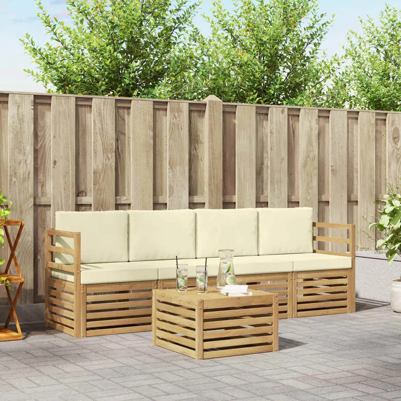 Conjunto de sofás de exterior 5 pcs Blanco y Crema Poliéster