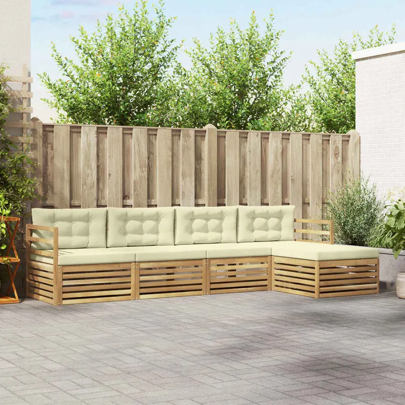 Conjunto de sofás de exterior 5 pcs Blanco y Crema Poliéster