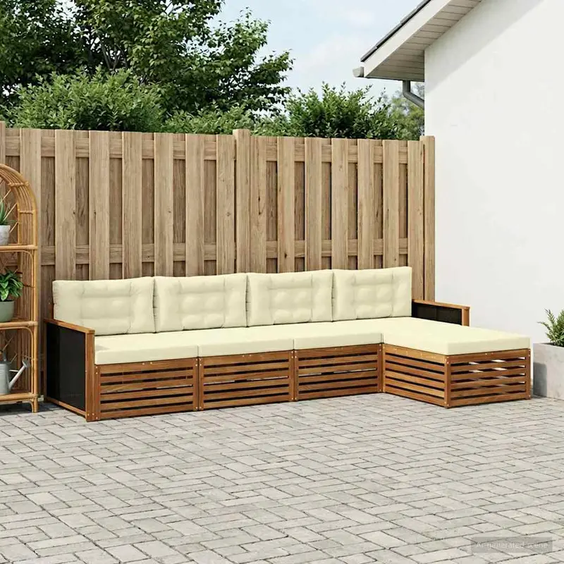 Conjunto de sofás de exterior 5 pcs Natural y Crema Poliéster
