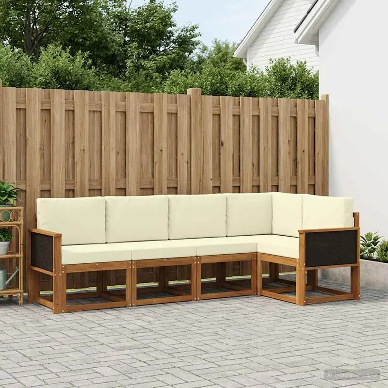 Conjunto de sofás de exterior 5 pcs Natural y Crema Poliéster