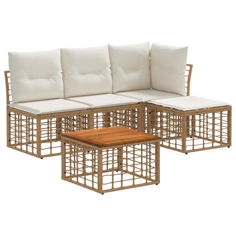 Conjunto de sofás de exterior 5 pcs Natural y Crema Poliéster
