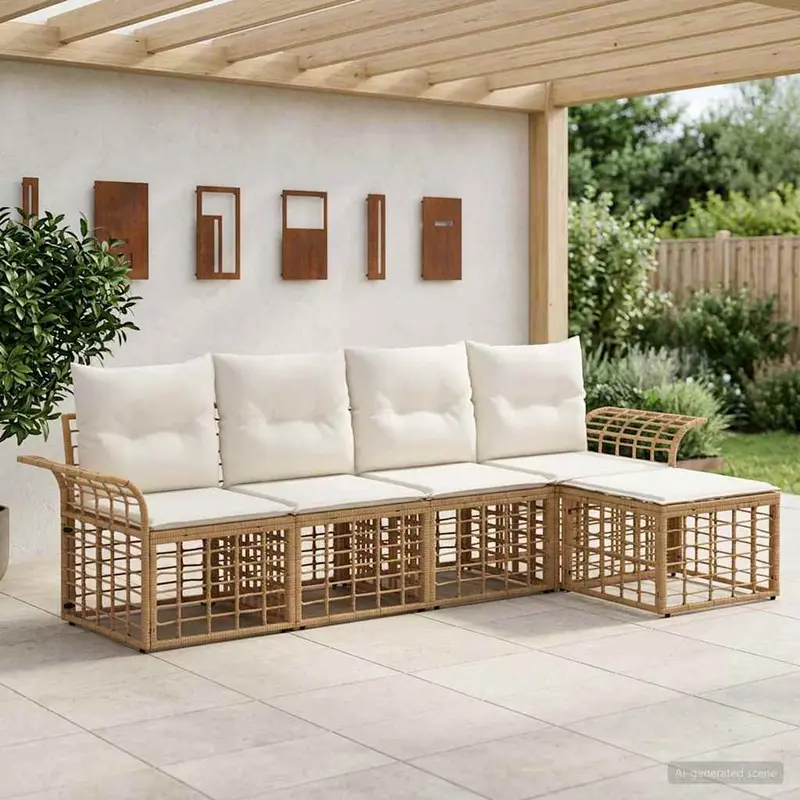 Conjunto de sofás de exterior 5 pcs Natural y Crema Poliéster