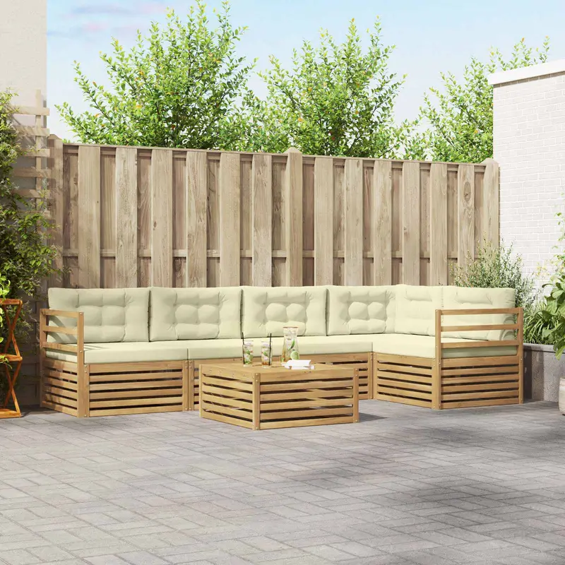 Conjunto de sofás de exterior 6 pcs Blanco y Crema Poliéster