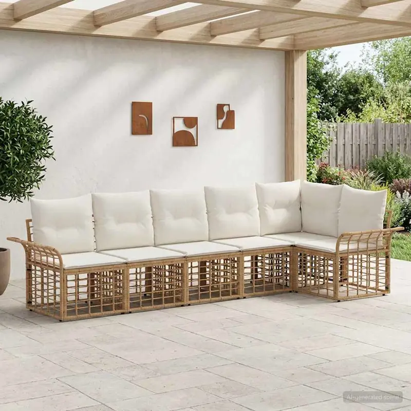 Conjunto de sofás de exterior 6 pcs Natural y Crema Poliéster