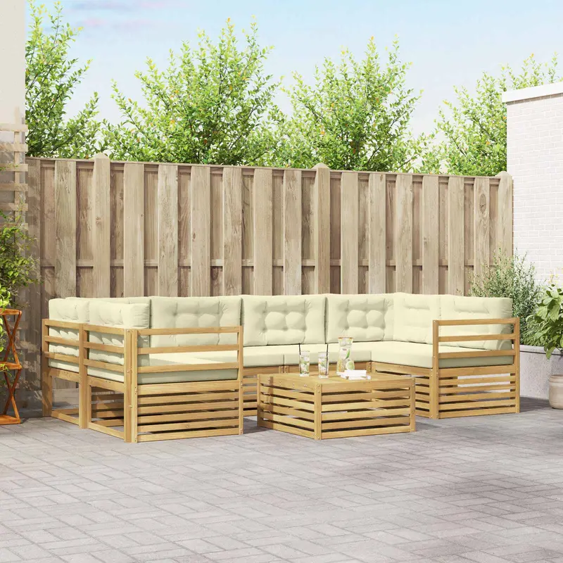Conjunto de sofás de exterior 7 pcs Blanco y Crema Poliéster