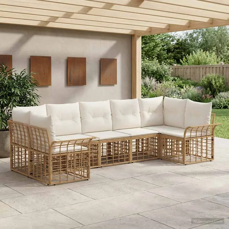Conjunto de sofás de exterior 7 pcs Natural y Crema Poliéster