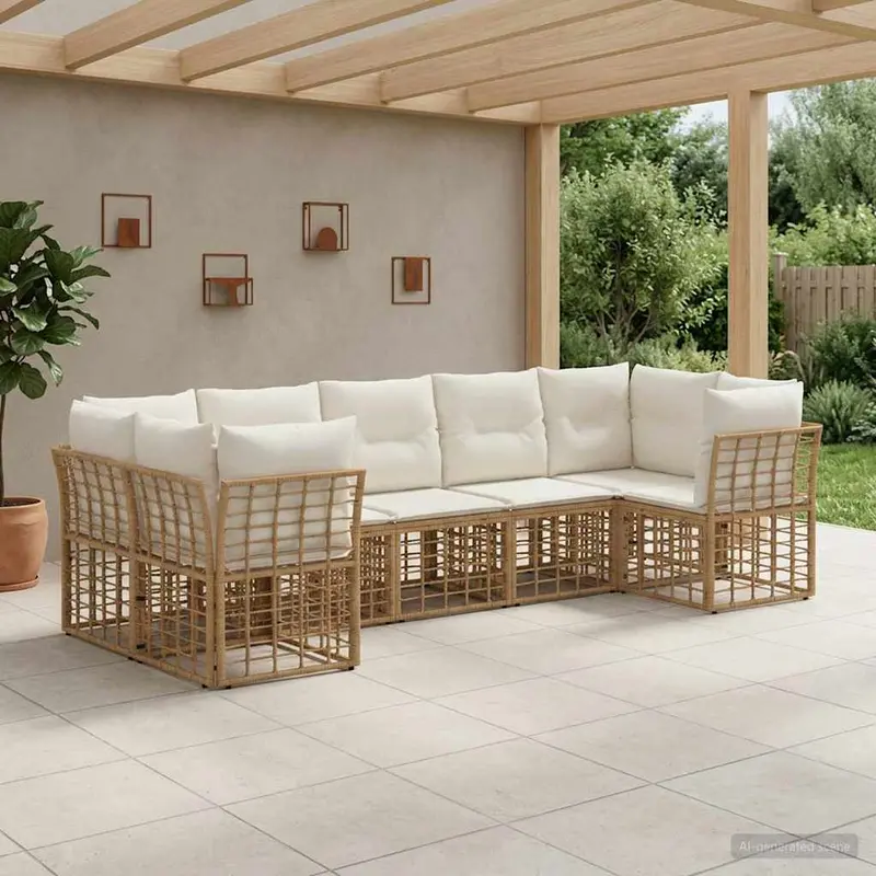 Conjunto de sofás de exterior 7 pcs Natural y Crema Poliéster