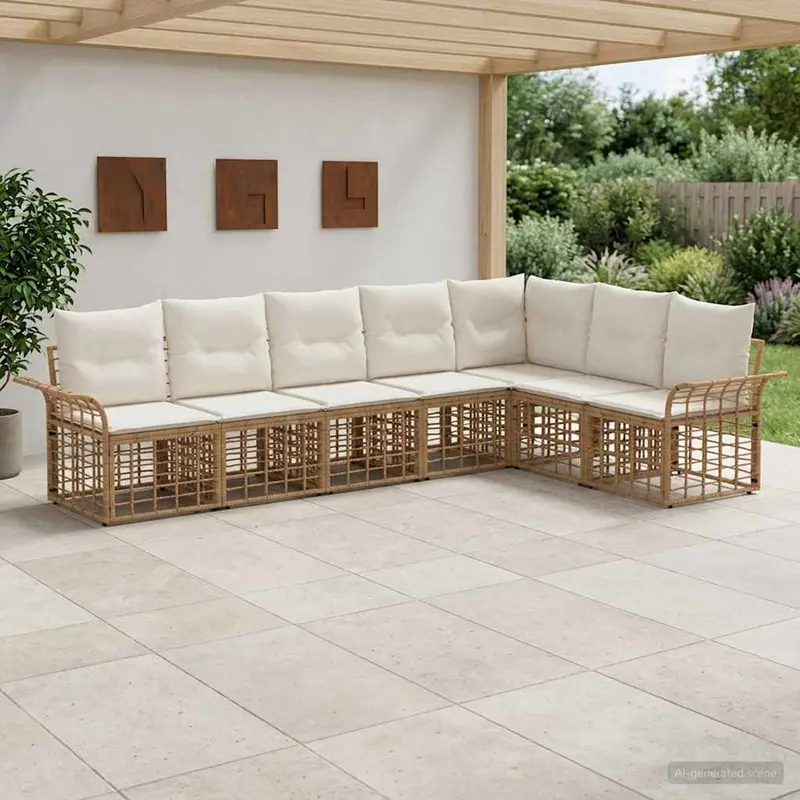 Conjunto de sofás de exterior 7 pcs Natural y Crema Poliéster