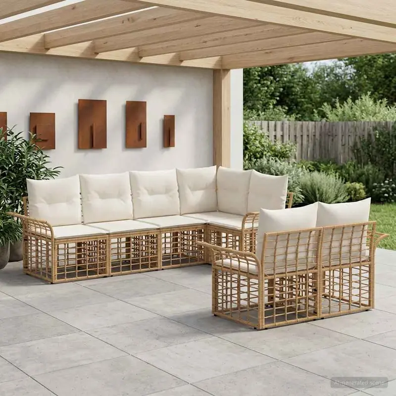 Conjunto de sofás de exterior 7 pcs Natural y Crema Poliéster