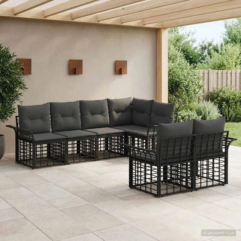 Conjunto de sofás de exterior 7 pcs Negro y Gris oscuro