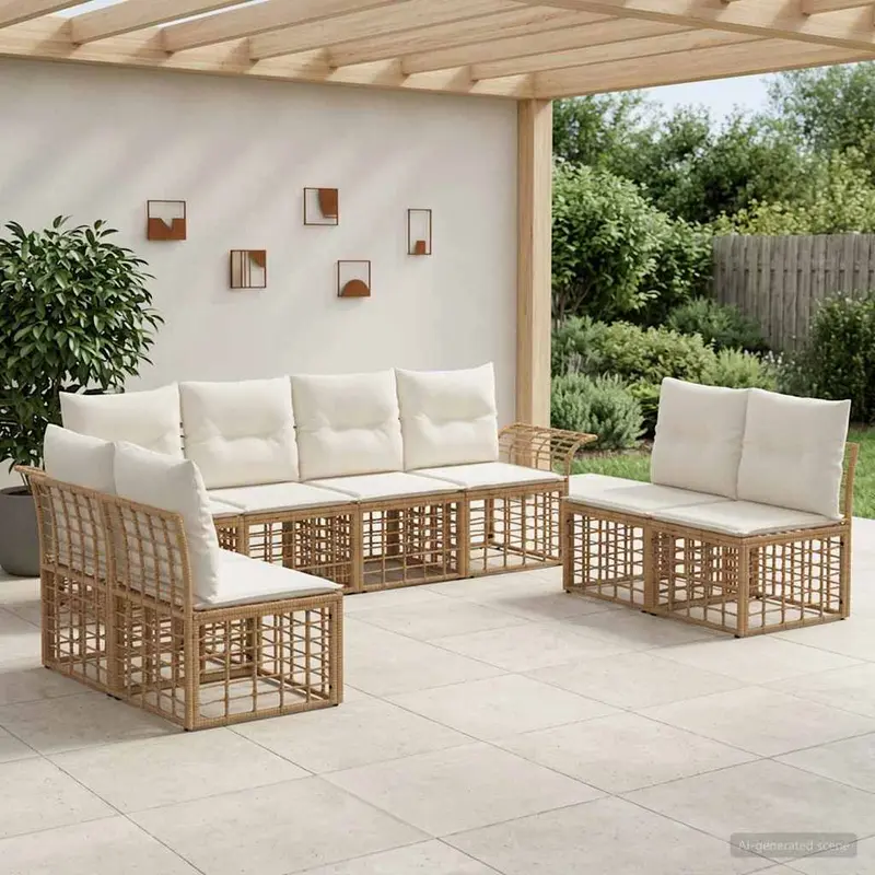 Conjunto de sofás de exterior 8 pcs Natural y Crema Poliéster