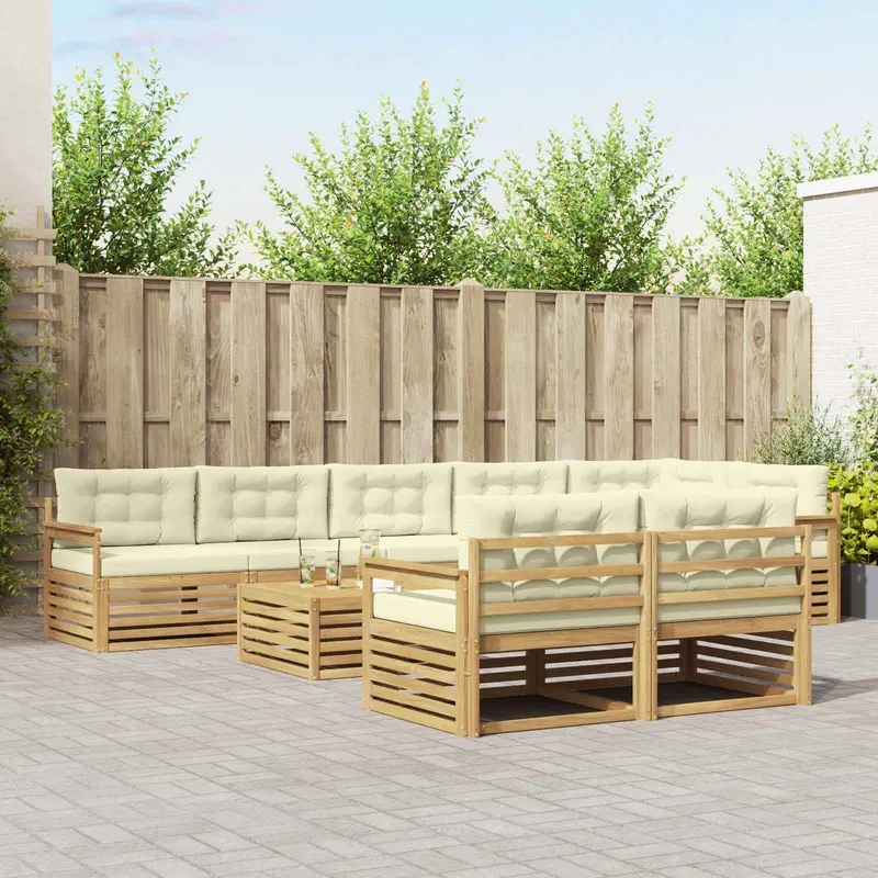 Conjunto de sofás de exterior 9 pcs Blanco y Crema Poliéster