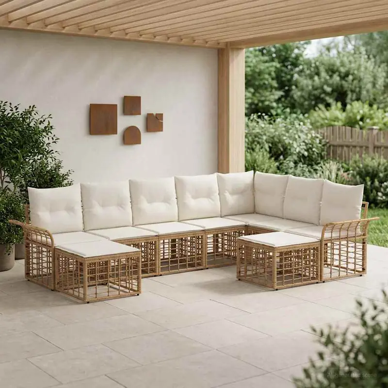 Conjunto de sofás de exterior 9 pcs Natural y Crema Poliéster