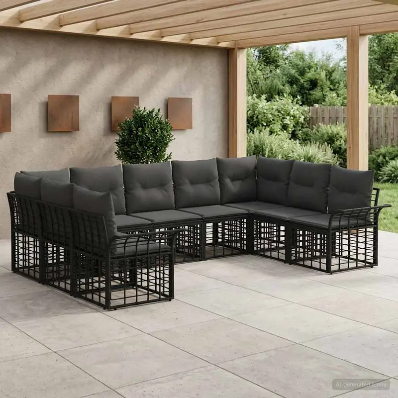 Conjunto de sofás de exterior 9 pcs Negro y Gris oscuro