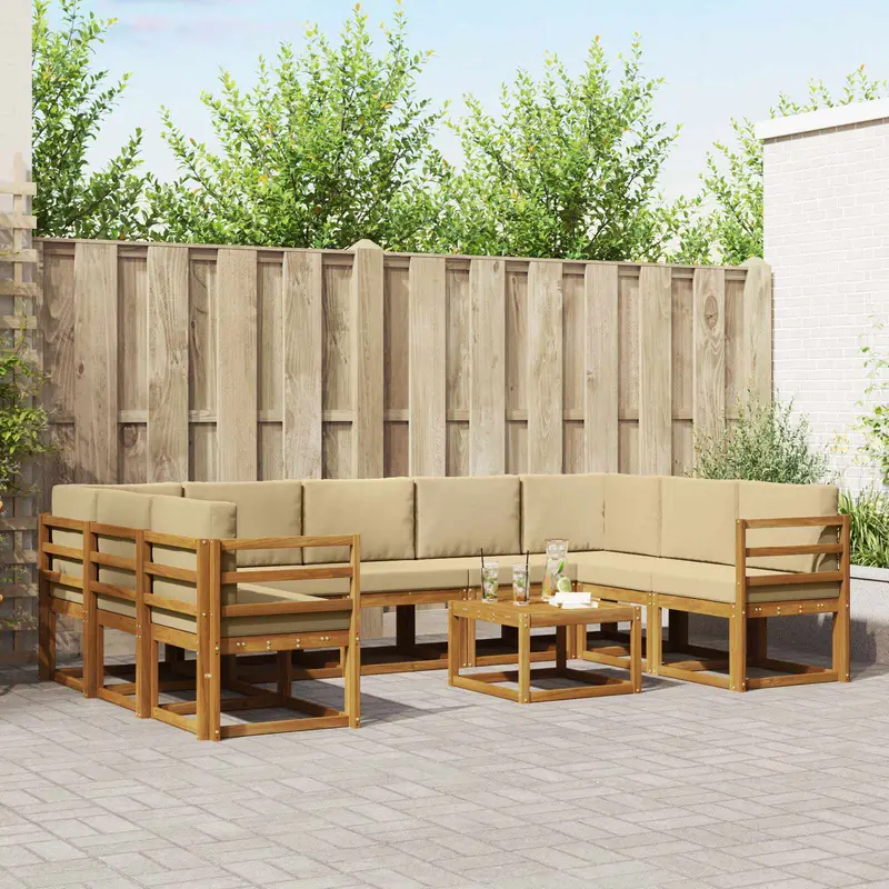 Conjunto de sofás de exterior con cojín 10 pcs Natural y Beige
