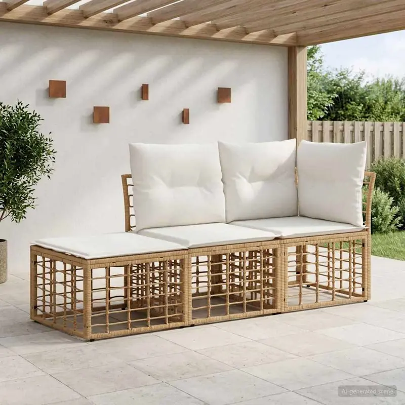 Conjunto de sofás de exterior con cojín 3 pcs Natural Poliéster