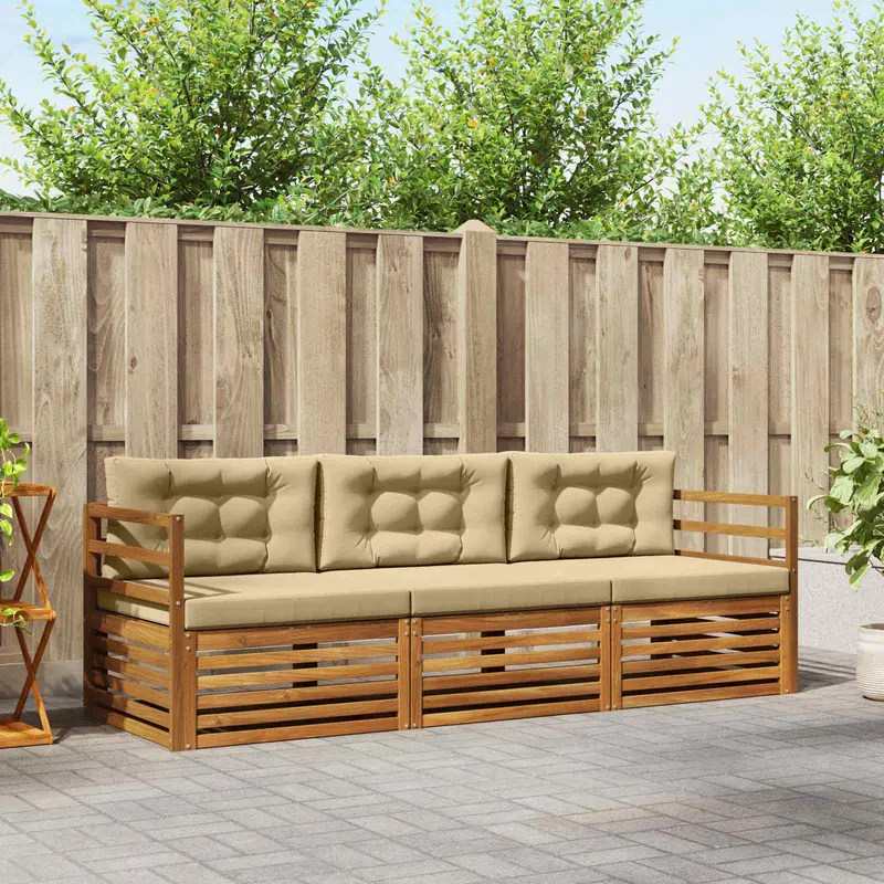 Conjunto de sofás de exterior con cojín 3 pcs Natural y Beige