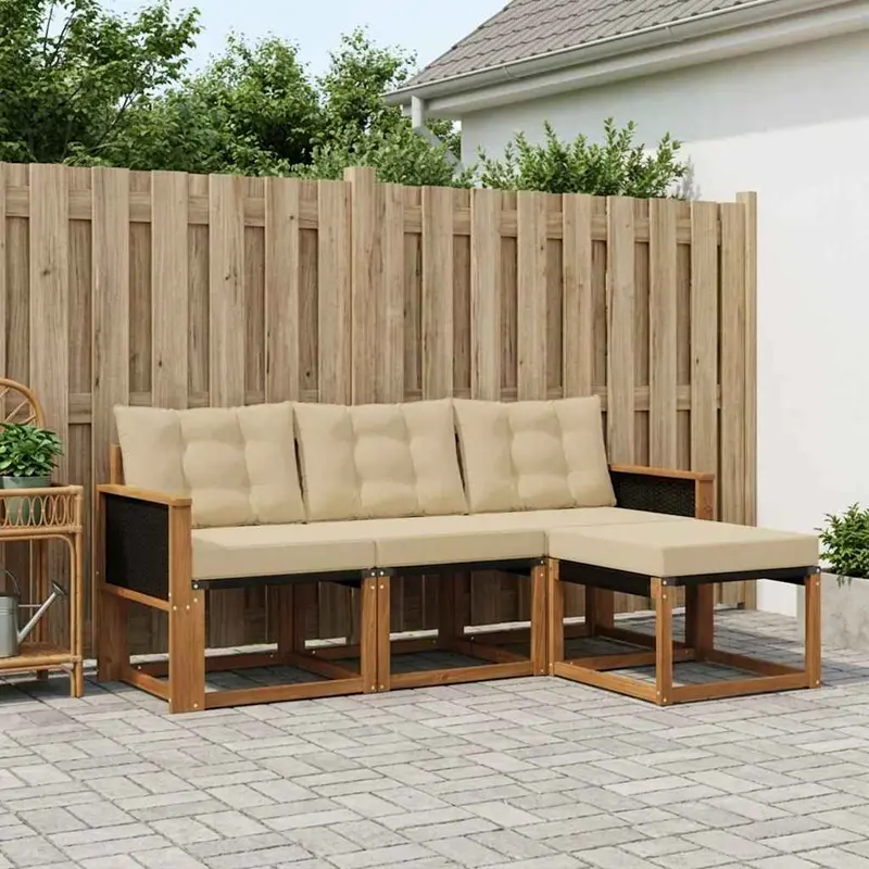 Conjunto de sofás de exterior con cojín 4 pcs Natural y Beige