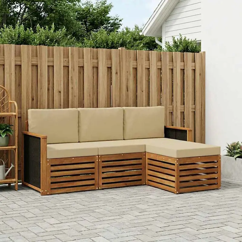 Conjunto de sofás de exterior con cojín 4 pcs Natural y Beige