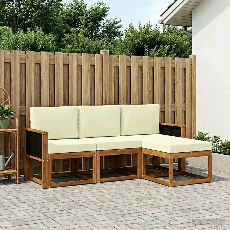 Conjunto de sofás de exterior con cojín 4 pcs Natural y Crema