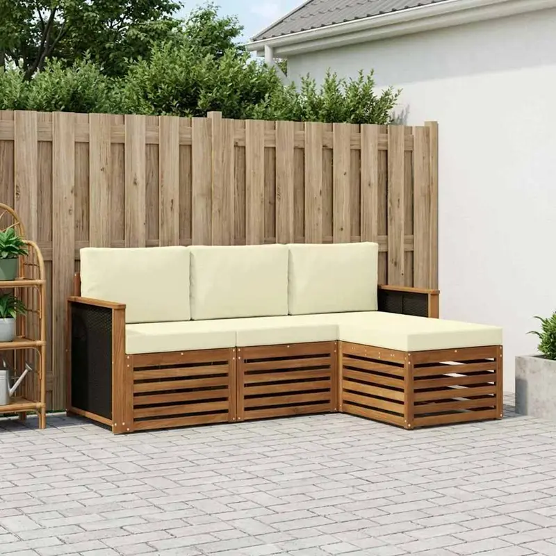 Conjunto de sofás de exterior con cojín 4 pcs Natural y Crema