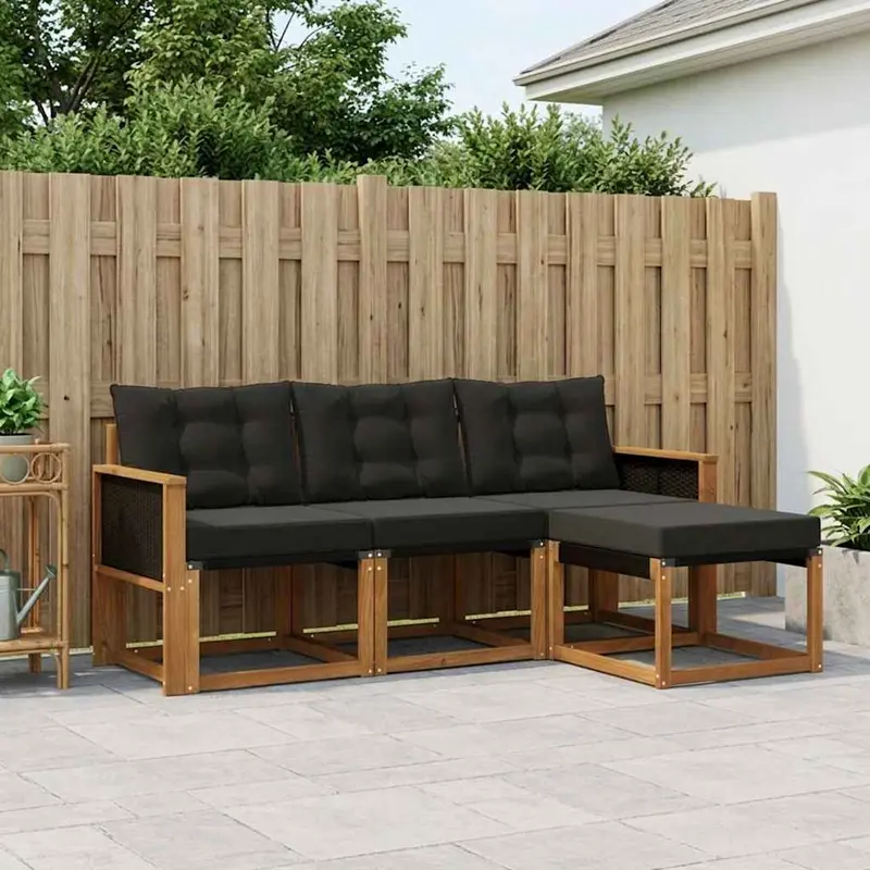 Conjunto de sofás de exterior con cojín 4 pcs Natural y negro