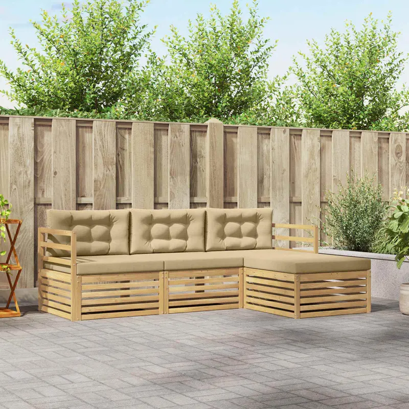 Conjunto de sofás de exterior con cojín 4 pcs y Beige Poliéster
