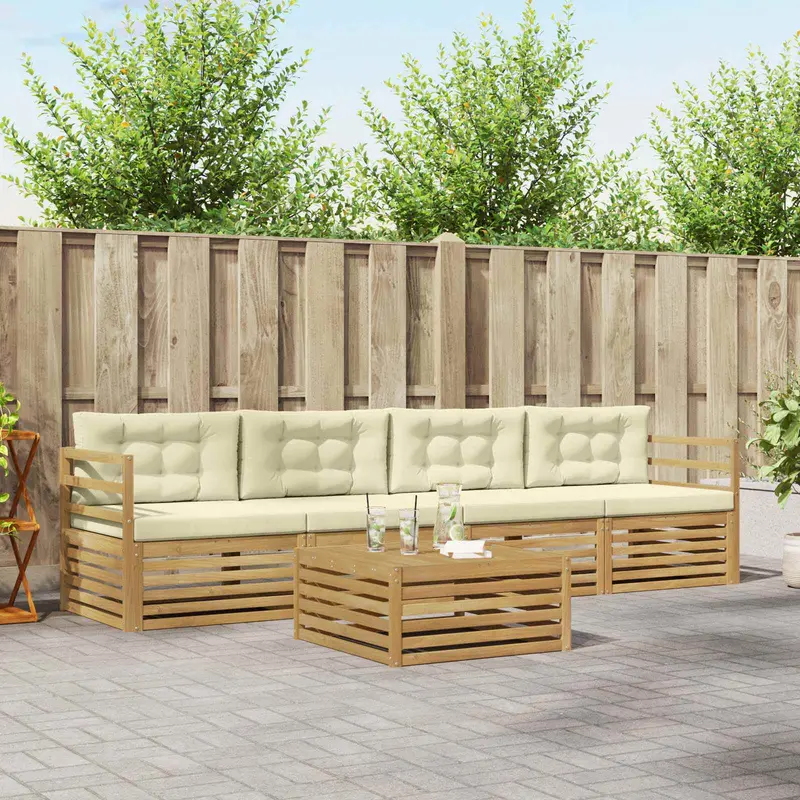 Conjunto de sofás de exterior con cojín 5 pcs Blanco y Crema