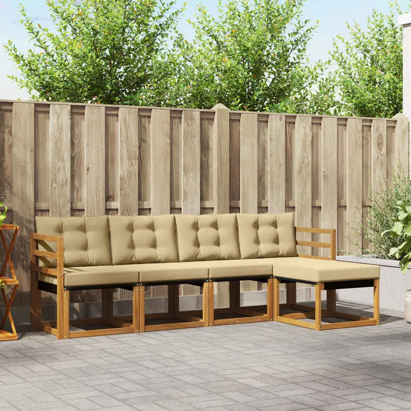 Conjunto de sofás de exterior con cojín 5 pcs Natural y Beige