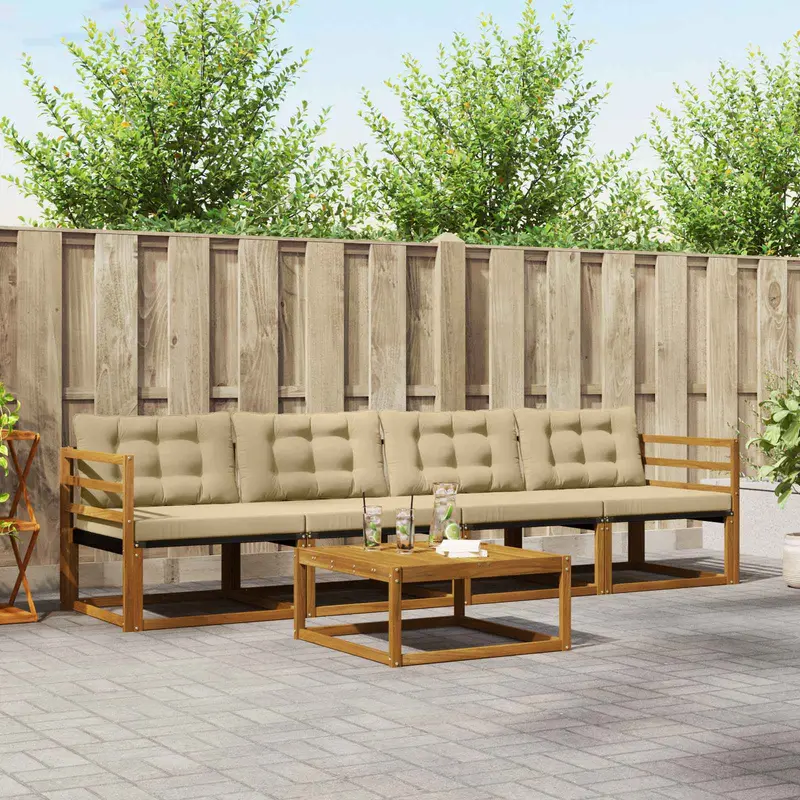 Conjunto de sofás de exterior con cojín 5 pcs Natural y Beige