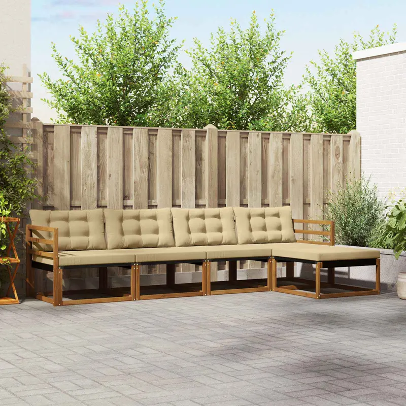 Conjunto de sofás de exterior con cojín 5 pcs Natural y Beige