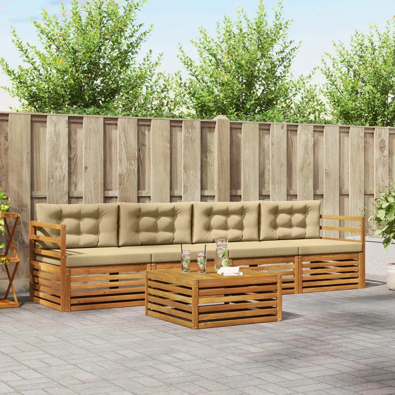 Conjunto de sofás de exterior con cojín 5 pcs Natural y Beige