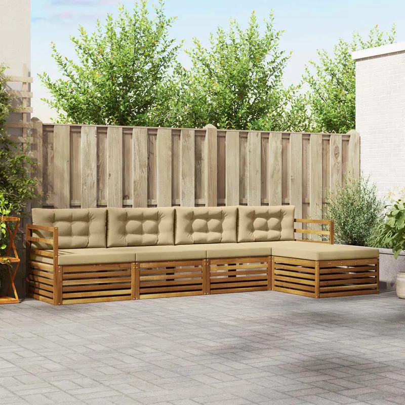 Conjunto de sofás de exterior con cojín 5 pcs Natural y Beige
