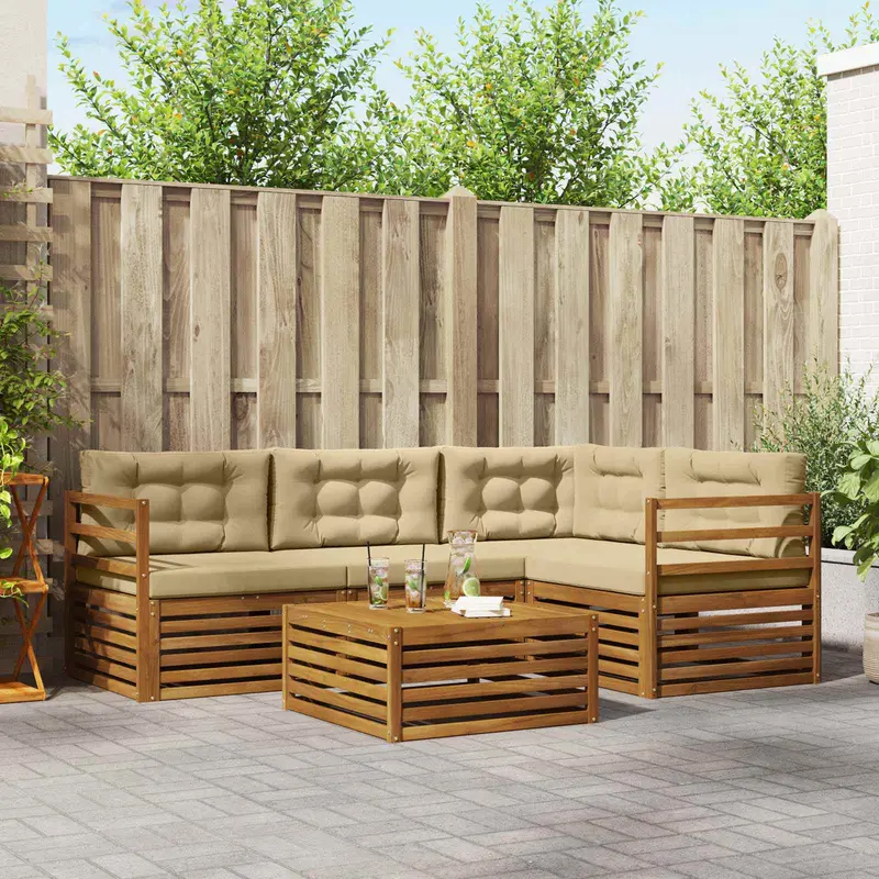 Conjunto de sofás de exterior con cojín 5 pcs Natural y Beige