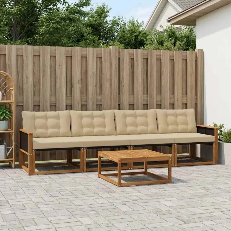 Conjunto de sofás de exterior con cojín 5 pcs Natural y Beige