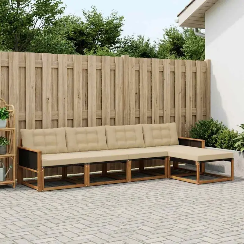 Conjunto de sofás de exterior con cojín 5 pcs Natural y Beige