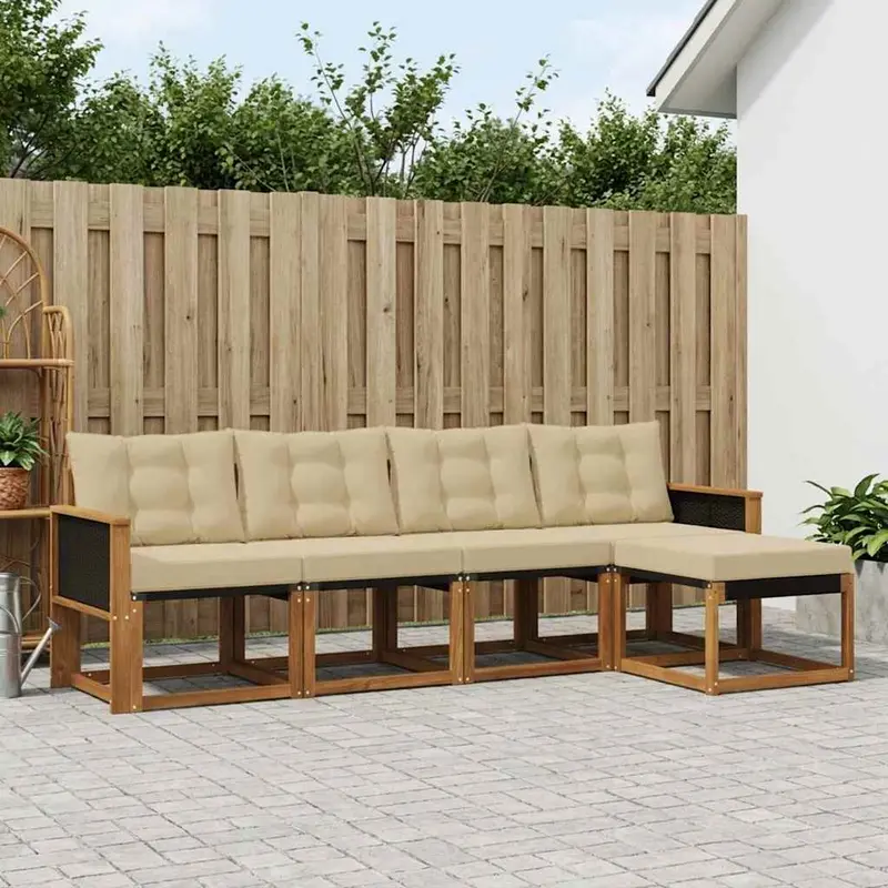 Conjunto de sofás de exterior con cojín 5 pcs Natural y Beige