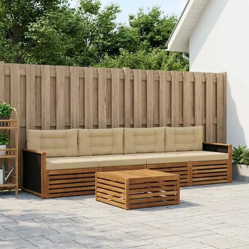 Conjunto de sofás de exterior con cojín 5 pcs Natural y Beige