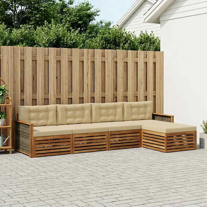 Conjunto de sofás de exterior con cojín 5 pcs Natural y Beige